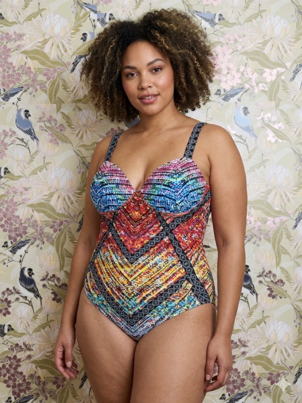 Plus-Size Multicolor V-Neck One-Piece Swimsuit with Mixed Print